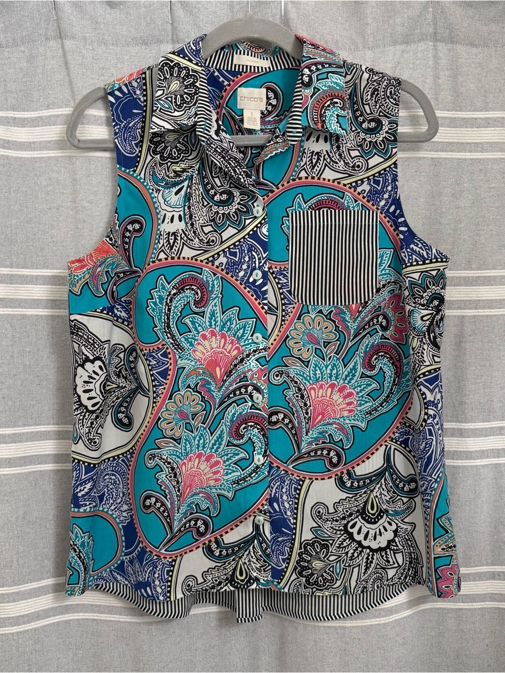 Chico's Sleeveless No Iron Striped Paisley Stretch Cotton Blouse Size 1 (M/8)